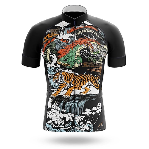 

21Grams Men's Cycling Jersey Short Sleeve Bike Top with 3 Rear Pockets Mountain Bike MTB Road Bike Cycling Breathable Quick Dry Moisture Wicking Reflective Strips Black Yellow Dark Navy Tiger Dragon