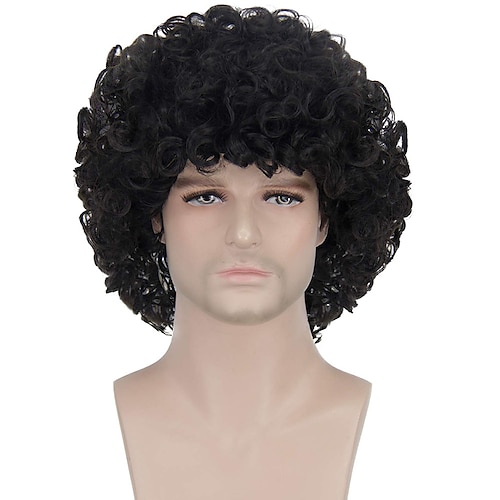 

Short Disco Fluffy Wigs Black 70S Rocker Curly Wigs, Synthetic Cosplay Funny Costume Wigs for Men Women N003Bk