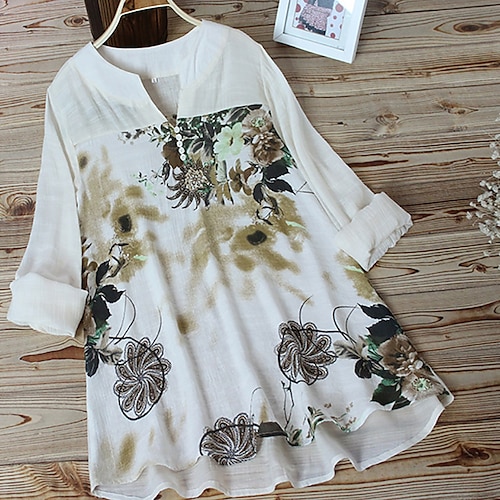 

Women's Blouse Shirt Purple Beige White Color Block Flower Patchwork Print Long Sleeve Casual Basic V Neck Regular M