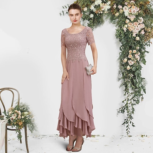 

A-Line Mother of the Bride Dress Elegant Scoop Neck Ankle Length Chiffon Lace Short Sleeve with Pleats Ruffles Appliques 2022