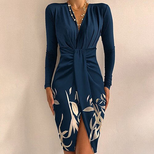 

Women's Sheath Dress Dark Blue Long Sleeve Sequins Winter Fall Autumn V Neck Modern Slim 2022 S M L XL