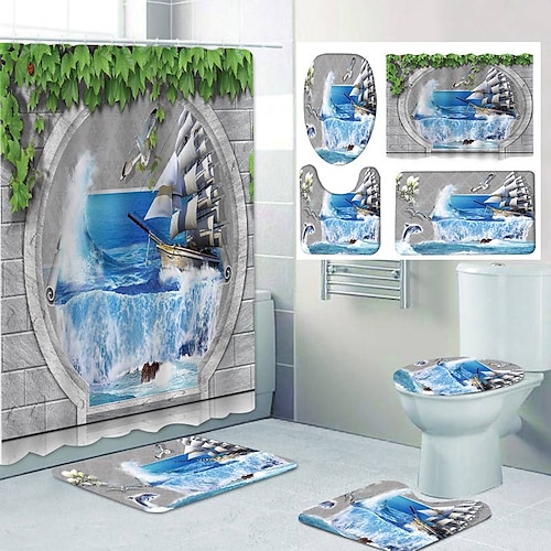 

3D Fresh Seaside Pattern PrintingBathroom Shower Curtain Leisure Toilet Four-Piece Design