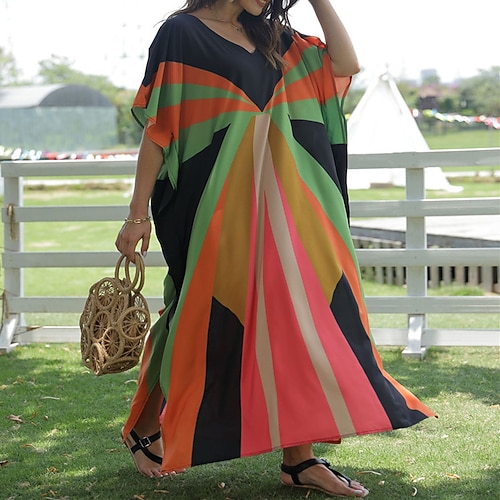 

Women's Swimwear Cover Up Beach Dress Normal Swimsuit Printing Geometric Black Yellow Coffee V Wire Bathing Suits New Vacation Fashion / Modern