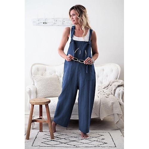 

Women's Slacks Pants Trousers Jumpsuit Rompers Cotton And Linen Pink Wine Dark Blue Mid Waist Fashion Casual Weekend Side Pockets Full Length Comfort Plain S M L XL