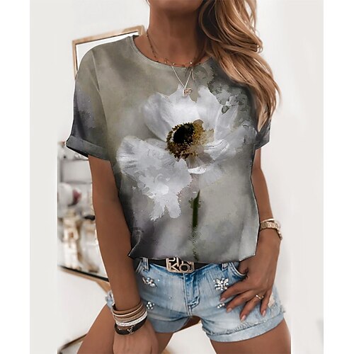 

Women's T shirt Tee Gray Floral Print Short Sleeve Casual Holiday Basic Round Neck Regular Floral Abstract Painting S / 3D Print