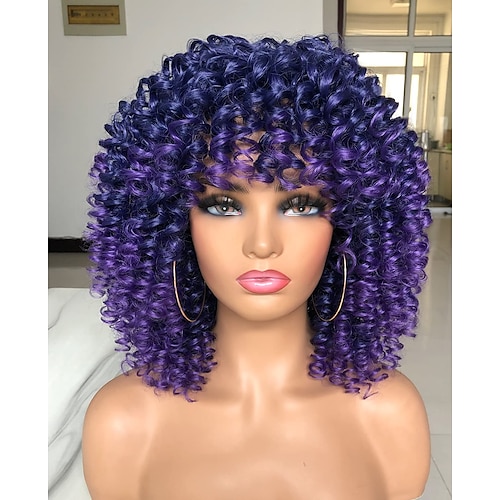 

Blue Wigs for Women Curly Wig with Bangs for Black Women Short Kinky Curly Hair Afro Wig Synthetic Heat Resistant Natural Looking for Daily Wear (Blue Purple)