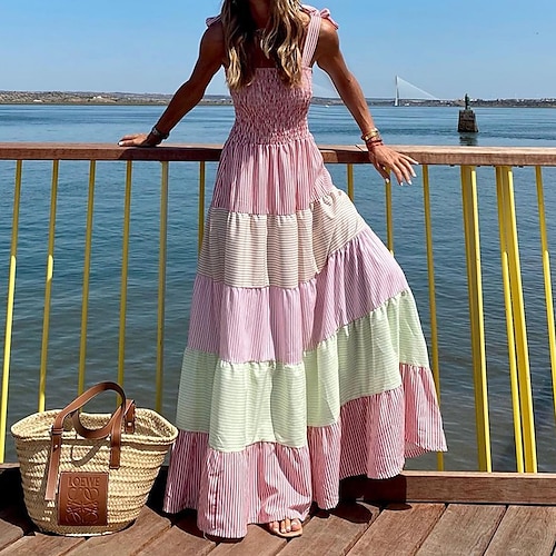 

Women's Swing Dress Maxi long Dress Light Blue Pink Sleeveless Color Block Ruched Pleated Spring Summer cold shoulder Stylish Hot Vacation 2022 S M L XL XXL
