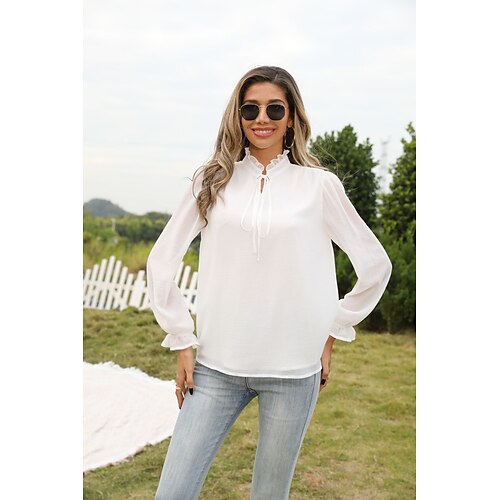 

Women's Daily Weekend Blouse Shirt Plain Long Sleeve Lace up Standing Collar Casual Streetwear Tops White S