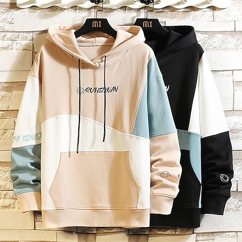 

Men's Hoodie Khaki Black Hooded Graphic Color Block Letter Patchwork Print Casual Cool Casual Big and Tall Winter Spring & Fall Clothing Apparel Hoodies Sweatshirts Long Sleeve