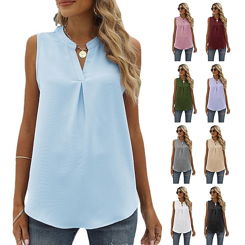 

Women's clothing spring summer solid color chiffon shirt loose v-neck pullover sleeveless top vest