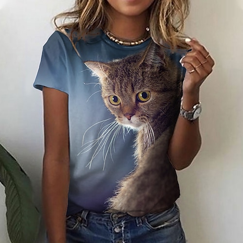 

Mujer Camiseta Azul Marino Gato 3D Estampado Manga Corta Casual Fin de semana Básico Escote Redondo Regular Gato 3D Pintura S