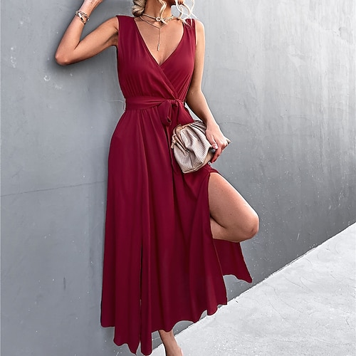 

Women's Long Dress Maxi Dress Black Army Green Red Sleeveless Pure Color Lace up Spring Summer V Neck Modern Loose Fit 2022 S M L XL