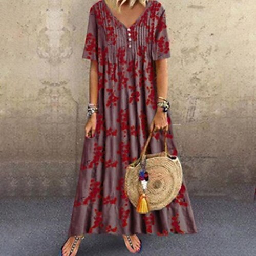 

Women's Swing Dress Maxi long Dress Blue White Red Short Sleeve Floral Button Print Fall Summer V Neck Stylish Elegant Casual Loose 2022 S M L XL XXL