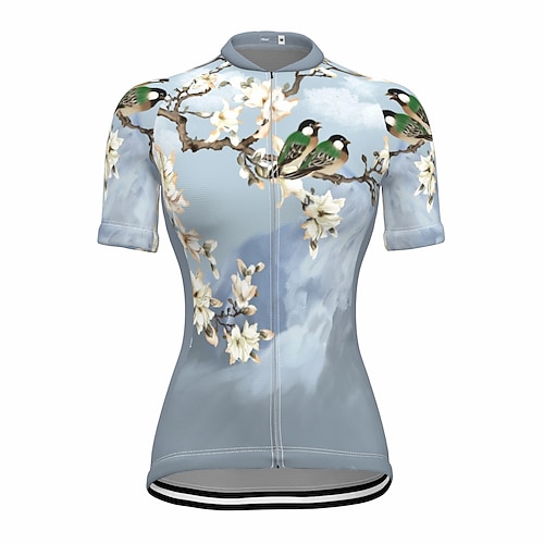 

21Grams Women's Cycling Jersey Short Sleeve Bike Top with 3 Rear Pockets Mountain Bike MTB Road Bike Cycling Breathable Quick Dry Moisture Wicking Reflective Strips Grey Bird Floral Botanical