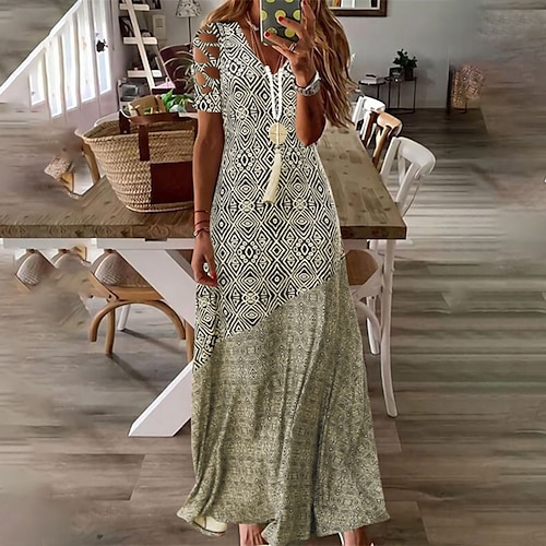 

Women's Casual Dress Swing Dress Boho Dress Long Dress Maxi Dress Khaki Short Sleeve Geometric Print Spring Summer V Neck Weekend Loose Fit 2022 S M L XL XXL