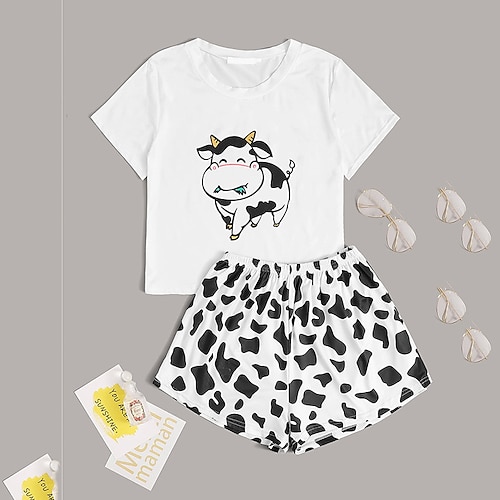 

Women's Pajamas Sets Nighty Pjs 2 Pieces Milk Cow Fashion Comfort Home Daily Bed Polyester Breathable Gift Crew Neck Short Sleeve T shirt Tee Shorts Elastic Waist Spring Summer White / Print