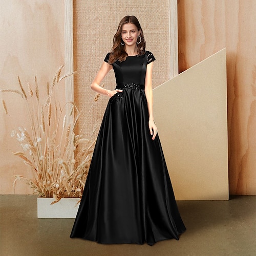 

A-Line Evening Dresses Luxurious Dress Wedding Guest Floor Length Short Sleeve Jewel Neck Satin with Beading Lace Insert Pocket 2022