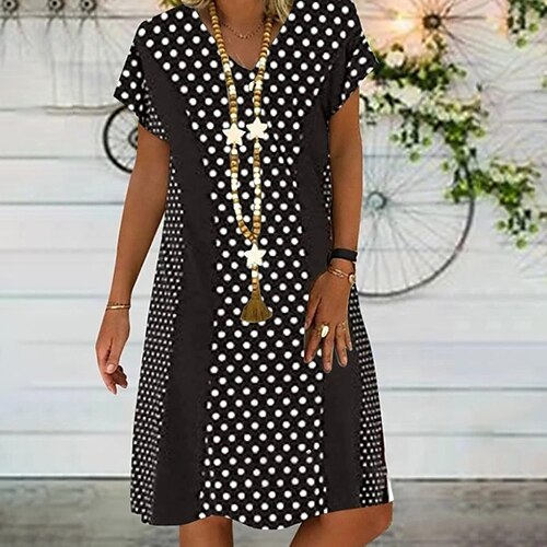 

Women's PolkaDotDress Midi Dress Black Short Sleeve Polka Dot Patchwork Spring Summer V Neck Modern Weekend 2022 S M L XL XXL 3XL