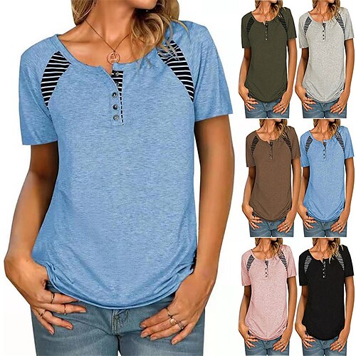 

Women's Blouse T shirt Color Block Button Striped Modern Round Neck T-shirt Sleeve Regular Spring & Fall Blue Black Pink Grey Dark Coffee