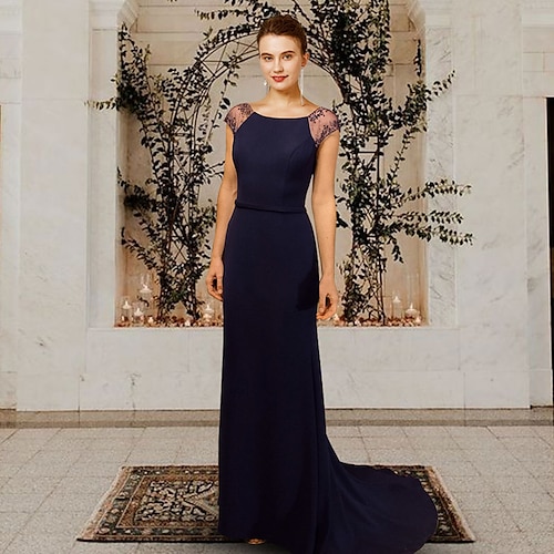 

Sheath / Column Mother of the Bride Dress Elegant Jewel Neck Sweep / Brush Train Chiffon Cap Sleeve with Beading 2022