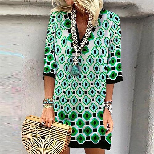 

Women's Shift Dress Green 3/4 Length Sleeve Heart Print Winter Fall Autumn V Neck Modern Loose Fit 2022 S M L XL XXL