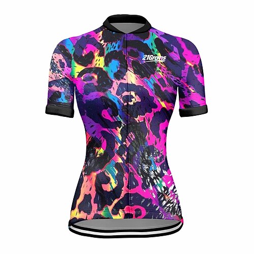 

21Grams Women's Cycling Jersey Short Sleeve Bike Top with 3 Rear Pockets Mountain Bike MTB Road Bike Cycling Breathable Quick Dry Moisture Wicking Reflective Strips Purple Leopard Polyester Spandex