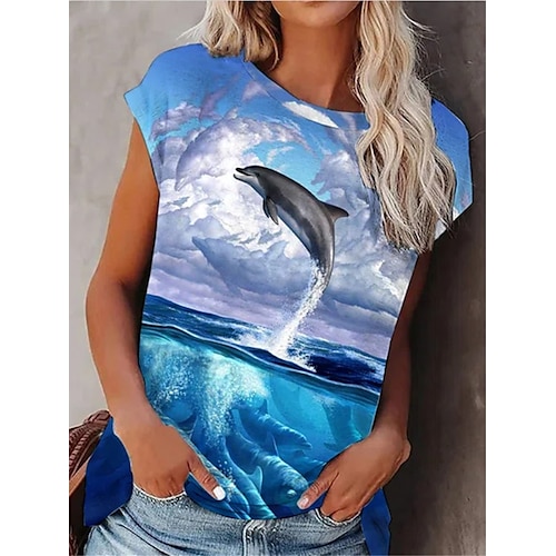 

Women's T shirt Tee Blue Graphic Patchwork Print Short Sleeve Home Casual Basic Round Neck Regular S / 3D Print