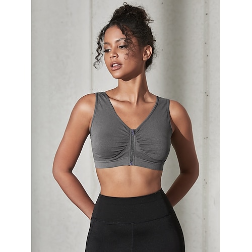 

Women's Bra Top Summer Zipper Solid Color Gray Spandex Yoga Fitness Sports Bra Bra Top Sport Activewear Breathable Quick Dry High Elasticity Slim