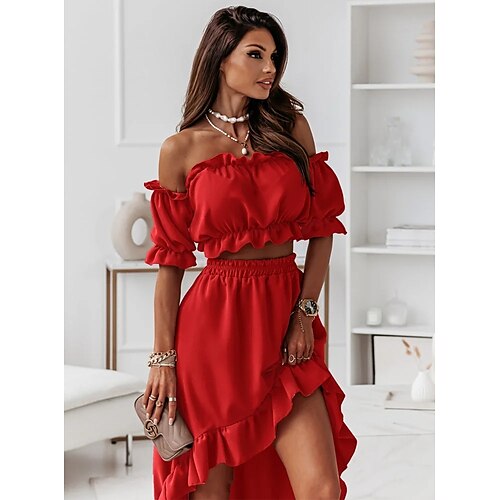 

Women's Crop Top Tank Top Skirt Sets Distressed Blue Pink Casual Vacation Plain Ruffle Off Shoulder S M L XL