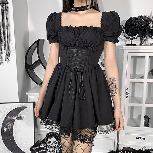 

Women's Casual Dress Swing Dress Mini Dress Black White Short Sleeve Pure Color Lace Spring Summer Square Neck Slim 2022 S M L