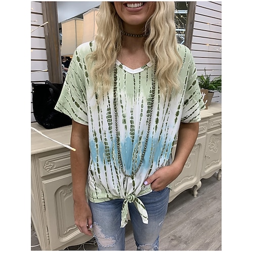 

Women's T shirt Tee Green Black Tie Dye Print Short Sleeve Casual Weekend Basic Round Neck Regular Painting S / 3D Print