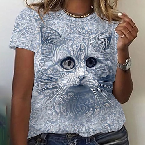 

Women's Plus Size Tops T shirt Tee Cat Print Short Sleeve Crewneck Streetwear Daily Going out Polyester Spring Summer Green Blue