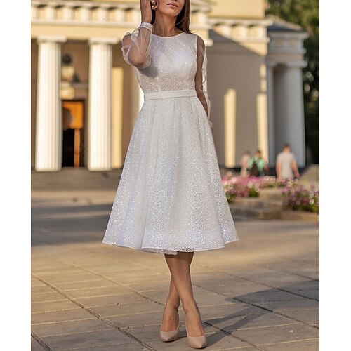 

A-Line Cocktail Dresses Sparkle Dress Wedding Guest Knee Length Long Sleeve Jewel Neck Tulle with Sequin Pure Color 2022 / Sparkle & Shine