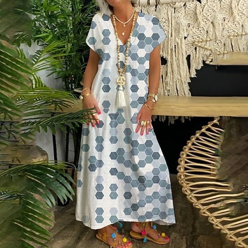 

Women's Casual Dress Swing Dress Long Dress Maxi Dress Light Blue Short Sleeve Geometric Print Spring Summer V Neck Weekend Loose Fit 2022 S M L XL XXL 3XL