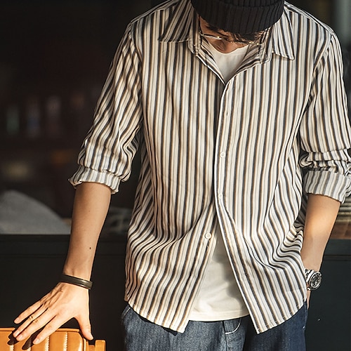 

camisa de hombre a rayas de calle descubierta casual con botones de manga larga tops casual beige camisas de verano