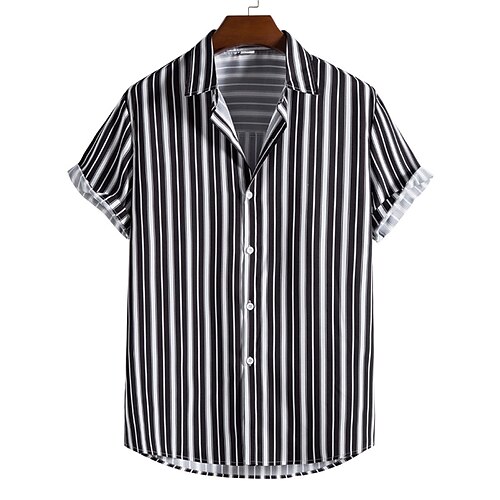 

Camisa masculina listrada turndown street casual estampa de botão para baixo manga curta tops moda casual respirável confortável camisas pretas de verão