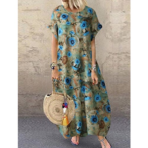 

Women's Casual Dress Boho Dress Long Dress Maxi Dress Blue Yellow Red Short Sleeve Floral Print Spring Summer Crew Neck Loose Fit 2022 S M L XL XXL 3XL 4XL 5XL