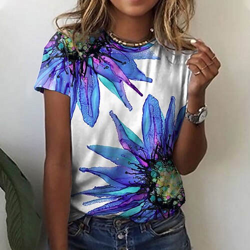 

Women's T shirt Tee Green Blue Purple Daisy Print Short Sleeve Casual Holiday Basic Round Neck Regular Floral Painting S / 3D Print