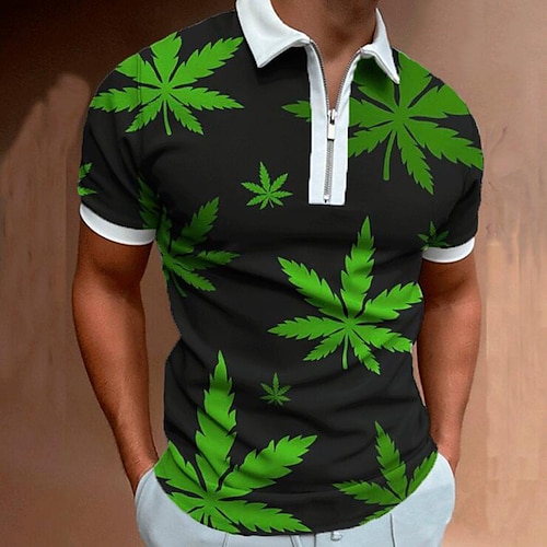 

Men's Collar Polo Shirt Golf Shirt Quarter Zip Polo Palm Leaf Leaves Classic Collar Green Other Prints Casual Daily Short Sleeve Patchwork Zipper Clothing Apparel Fashion Streetwear Casual Classic