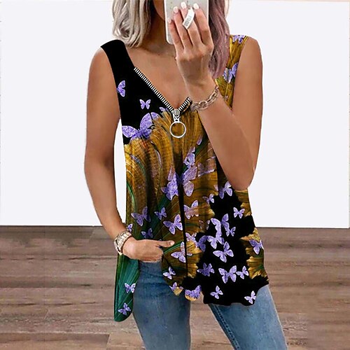 

Women's Tank Top Vest Green Blue Orange Butterfly Leaves Flowing tunic Quarter Zip Sleeveless Daily Weekend Streetwear Casual V Neck Regular Floral Butterfly S / 3D Print / Print