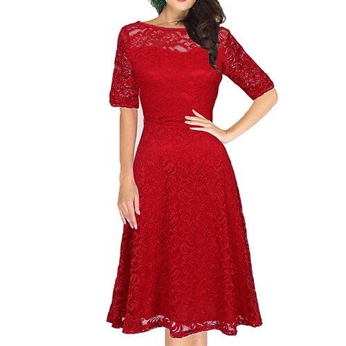 

Women's Lace Dress Midi Dress Red Gray Short Sleeve Pure Color Lace Spring Summer Crew Neck Weekend Slim 2022 S M L XL XXL 3XL