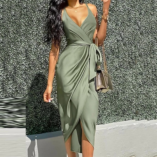 

Mulheres vestido de cetim Vestido da bainha Vestido verde esmeralda Vestido midi Verde Sem Manga Cor imaculada Cordões Primavera Verão Decote V Moderno Delgado 2022 S M L XL