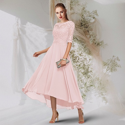 

A-Line Empire Elegant Wedding Guest Formal Evening Dress Jewel Neck Long Sleeve Asymmetrical Chiffon with Beading Lace Insert 2022