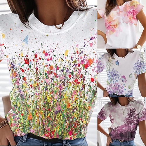 

Women's T shirt Tee Green Purple Pink Floral Butterfly Print Short Sleeve Casual Holiday Basic Round Neck Regular Floral Abstract Butterfly S / 3D Print