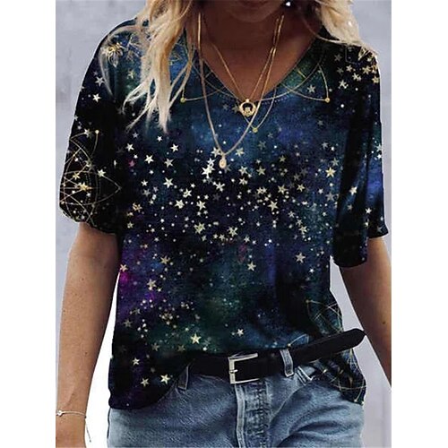 

Women's T shirt Tee Blue Galaxy Short Sleeve Casual Daily Basic V Neck Regular S / 3D Print