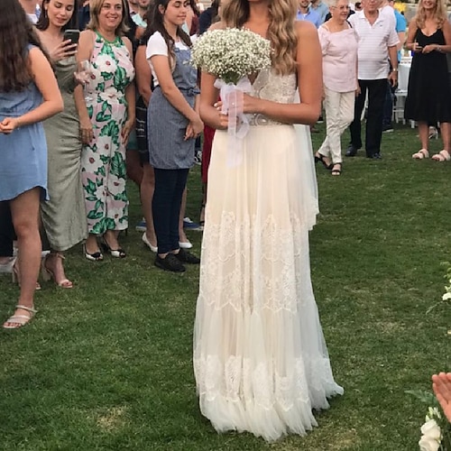 

A-Line Wedding Dresses V Neck Spaghetti Strap Sweep / Brush Train Lace Tulle Sleeveless Beach Boho Sexy with Appliques 2022