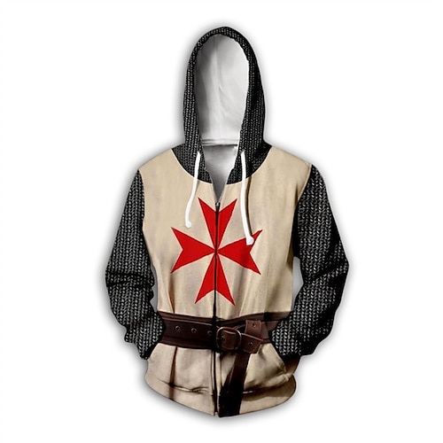 

Men's Hoodie Full Zip Hoodie Jacket Wine Khaki Red Brown Coffee Hooded Graphic Knights Templar Armor Zipper Casual Daily Holiday 3D Print Sportswear Casual Big and Tall Spring & Fall Clothing Apparel