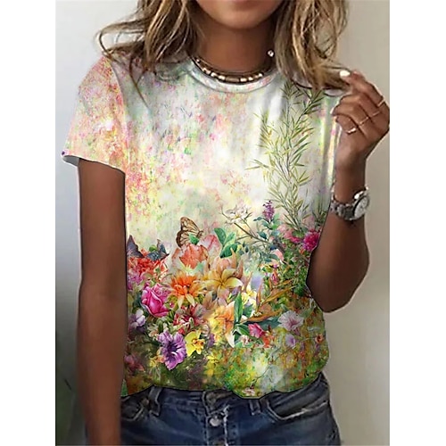 

Women's T shirt Tee Rainbow Floral Plants Short Sleeve Casual Daily Basic Round Neck Regular S / 3D Print