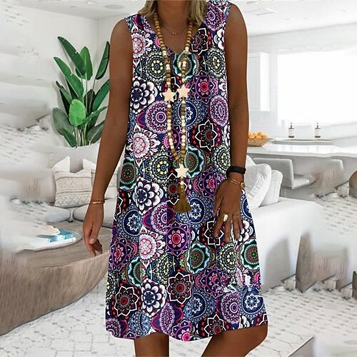 

Women's Shift Dress Knee Length Dress Blue Purple Red Sleeveless Print Print Spring Summer V Neck Stylish Elegant Casual Loose 2022 S M L XL XXL 3XL 4XL 5XL