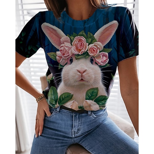 

Women's T shirt Tee Blue Animal Rabbit Print Short Sleeve Casual Holiday Basic Round Neck Regular Floral Happy Easter S